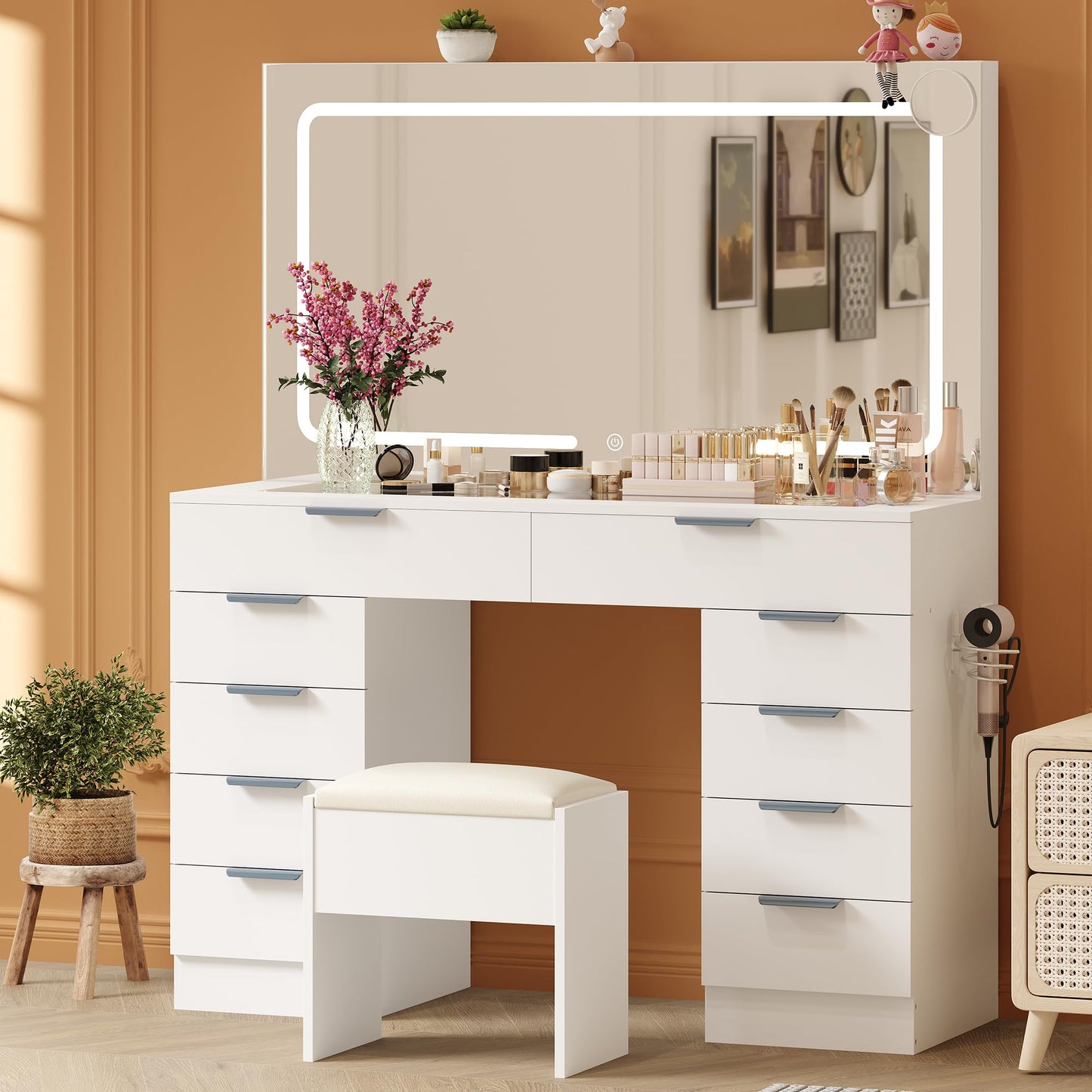 Garvee Vanity Desk with Large Mirror and Lights & Magnifying Glass, Makeup Table, Dressing Table Set with Stool, Power Outlet, 3 Lighting Modes, 10 Drawer, White