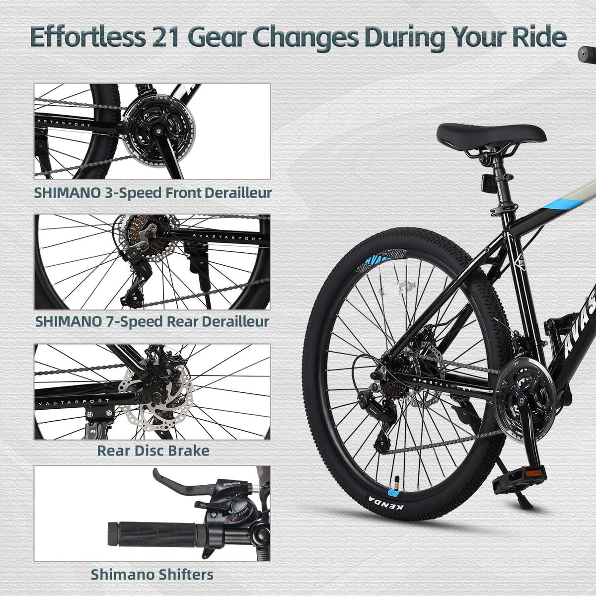 AVASTA 26-inch Mountain Bike for Man Male and Woman Female Adult with Lightweight Aluminum Alloy Frame and Dual Disc Brakes,Front Suspension,21-Speed Gear Shifters,Hidden Brake Cables,Grey