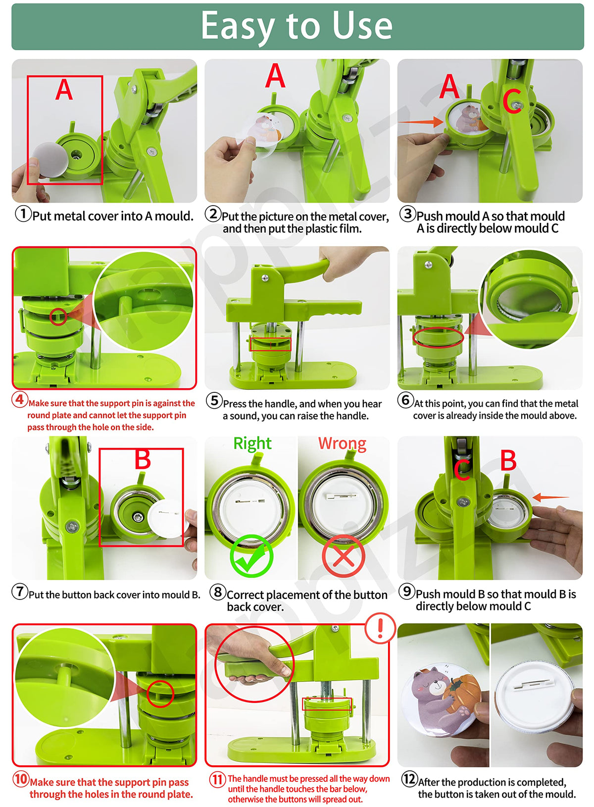 Happizza Button Maker Machine Multiple-Sizes - Pin Maker Machine 1.25 inch+2.25 inch, Interchangeable Button-models Badge Button Press Machine with 200 Sets 32+58mm Button Maker Supplies&Circle Cutter