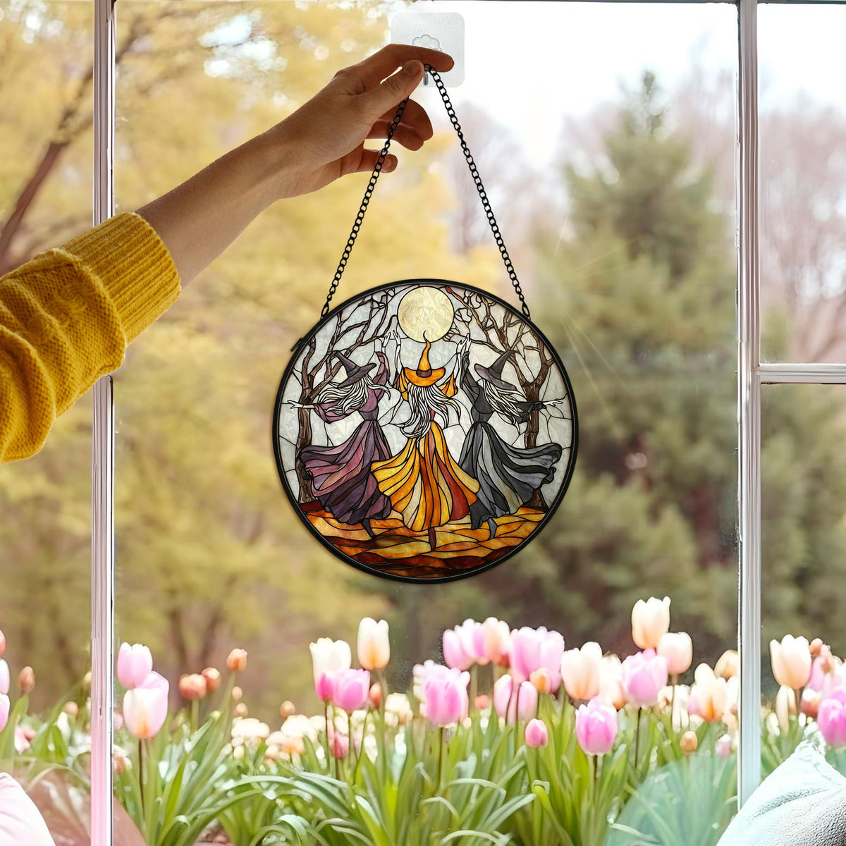 cvjutf Witchy Halloween Suncatcher Stained Glass Window Hanging Decor Aesthetic, Gothic Stained Glass Wall Decor, Witch Dark Academia Garden Sun Catchers Window Hanging Wall Art,Witchy Gifts,7.9x7.9In