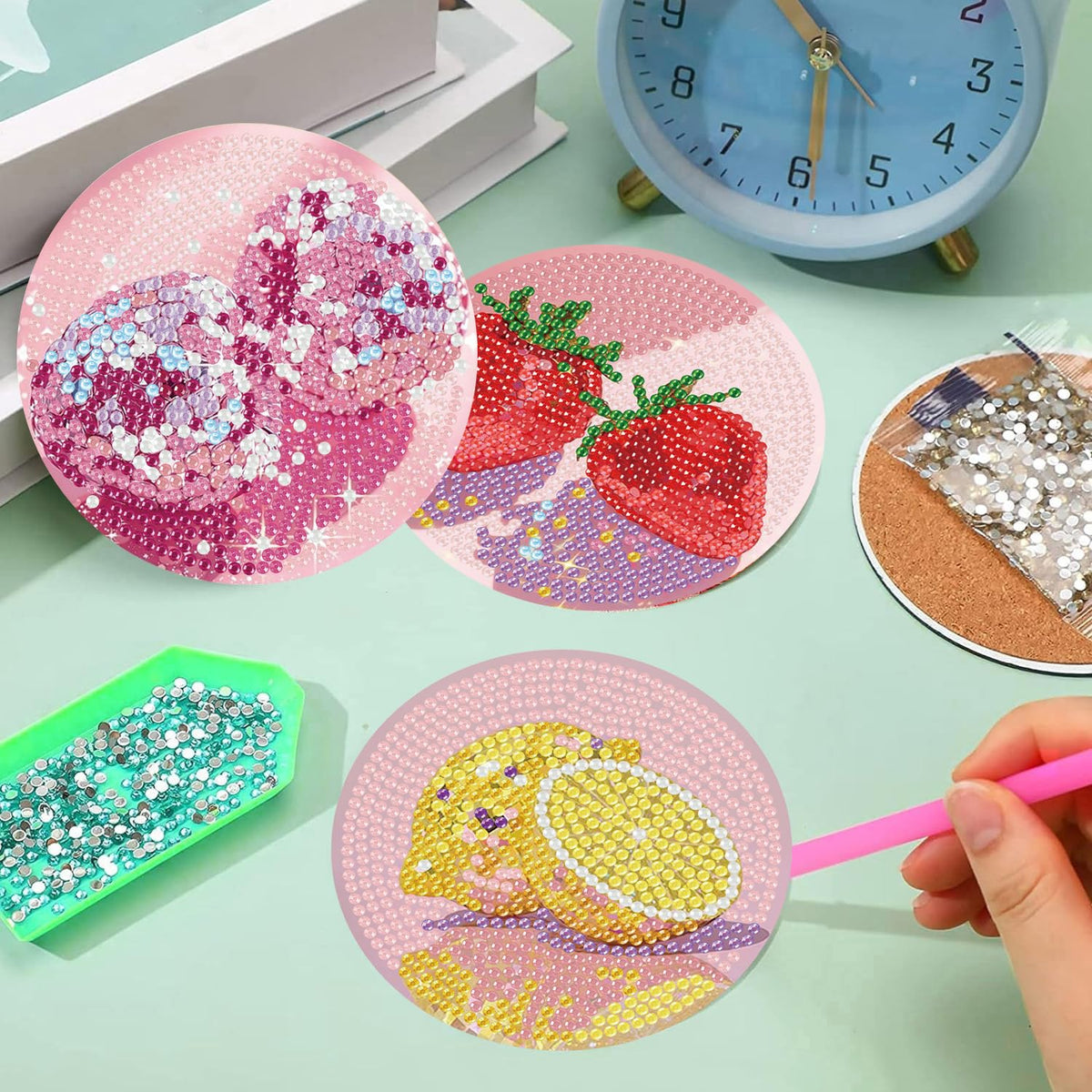 croshom Fruits Diamond Art Coasters Kits, 8 Pieces Diamond Painting Coasters with Holder, Diamonds Art Disco Ball Coaster Kits, 5D DIY Diamonds Arts Painting Kit for Adults Gift
