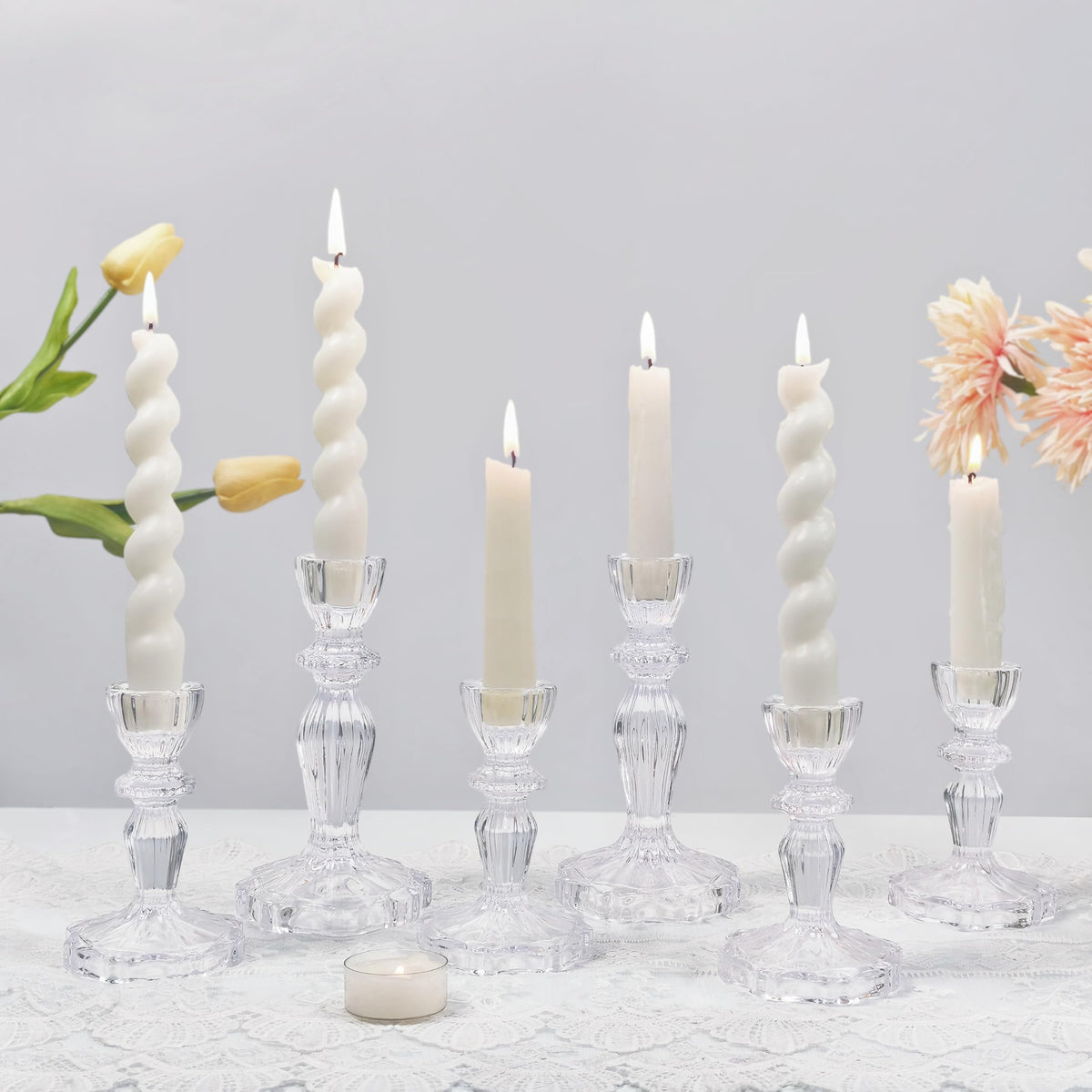 CHOCSTAY Glass Candlestick Holders Set of 6, Clear Stripe Taper Candle Holders for Table Centerpiece, Home Decorations, Wedding and Party