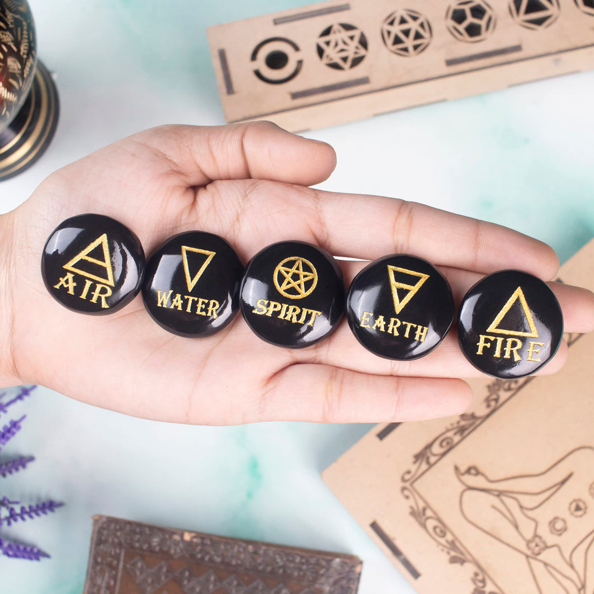 Crocon 5 Elements Black Tourmaline Stones Round Shape Engraved Triangle Symbols (Earth Air Fire Water Spirit) Polished Palm Stones Gemstone Reiki Crystals Healing Stones Meditation Divination Gifts