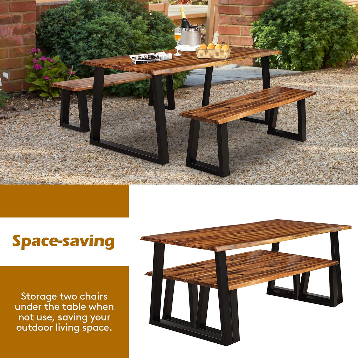 Giantex 3PCS Wooden Dining Set Bench Chair Rustic Indoor &Outdoor Furniture (Rustic Brown&Black)