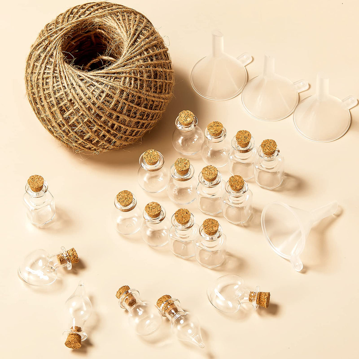 Geiserailie 50 Pieces Small Tiny Glass Spell Jars Bottle with Cork Stopper Witchy Gifts Witchcraft Supplies Wishing Bottles with Eye Screws Funnel Rope for DIY Crafts(Transparent, Style A)
