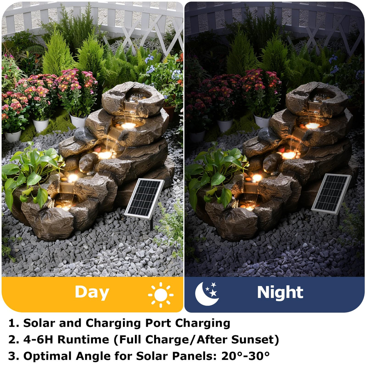 Pivotify 38.2" L Solar Water Fountain Outdoor,5-Tier Rock Waterfall Fountains Solar Powered Floor Standing Outdoor Water Feature with LED Lights for Patio, Garden,Porch, Yard, Home Art Decor（Brown）