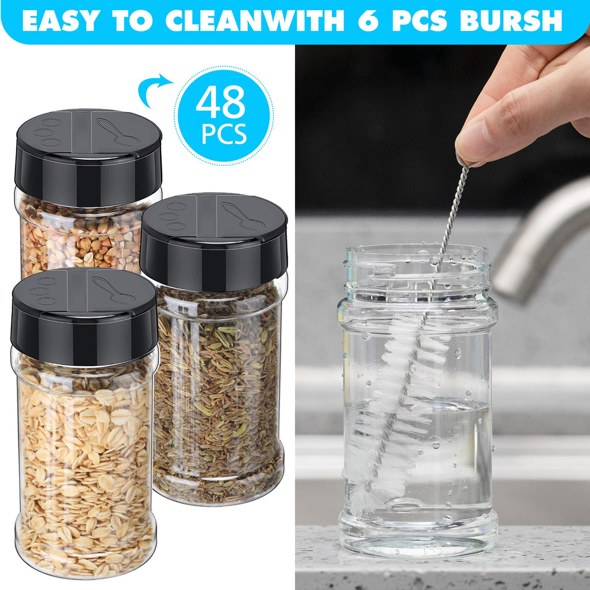 Mimorou 48 Pcs Clear Plastic Spice Jars Spice Bottles with Shaker Lids Plastic Seasoning Containers with Chalk Labels Chalk Marker Collapsible Funnel Brush Storage Containers for Kitchen Cabinet