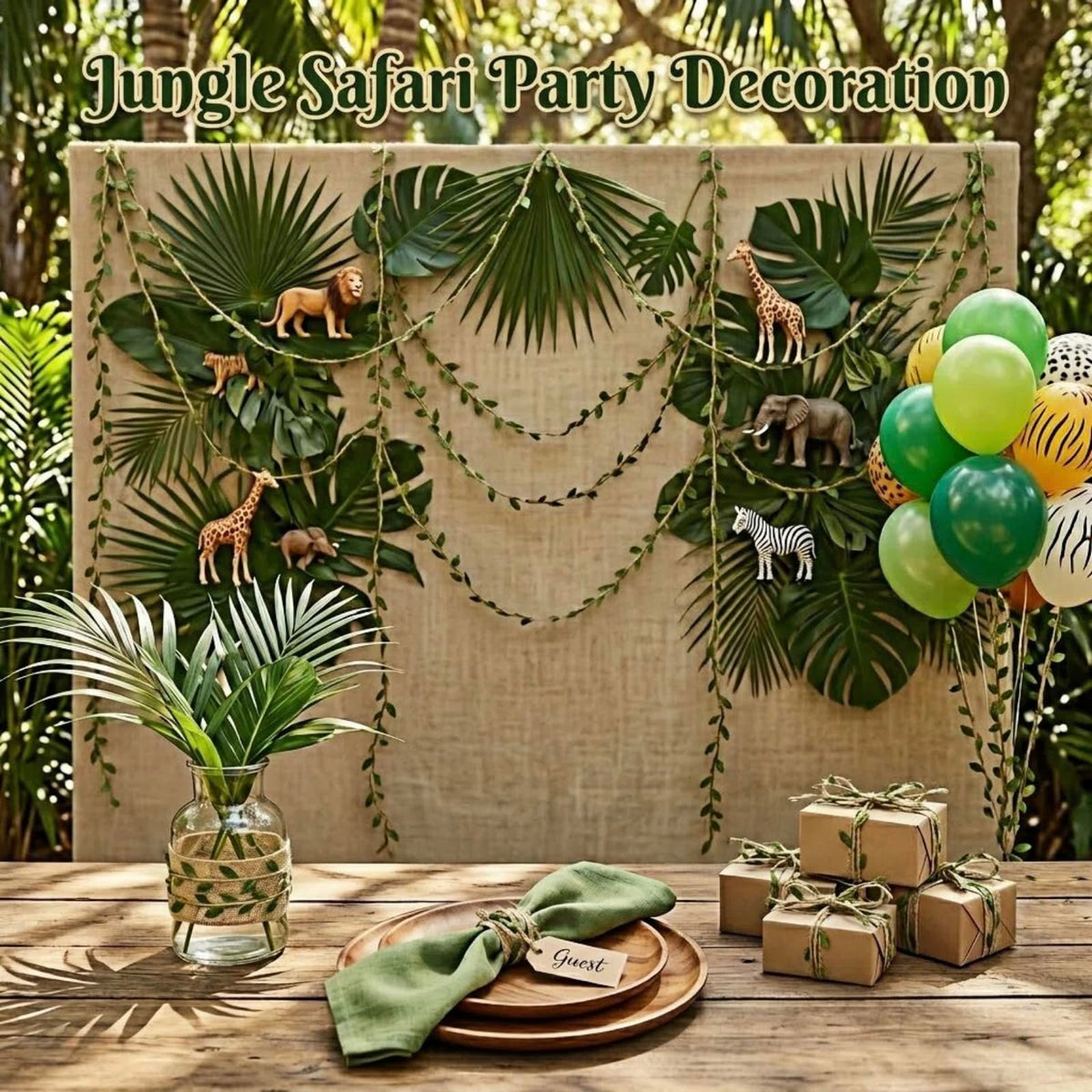 XYXGFCHP Burlap Leaf Ribbon, 196Ft (2x98Ft) 5mm Natural Jute Twine with Artificial Green Leaves & Vine for DIY Crafts, Gift Wrap, Jungle Safari Party, Baby Shower, Rustic Wedding, Garden & Home Decor