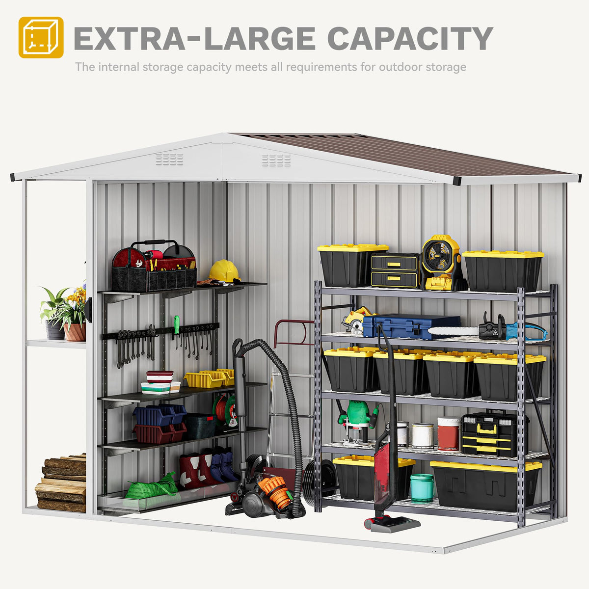 DWVO Outdoor Storage Shed 8x4FT with Rack, Metal Garden Shed with Storage Shelves, Bike Storage Tool Cabinet Box for Lawn Backyard Patio Use, Brown