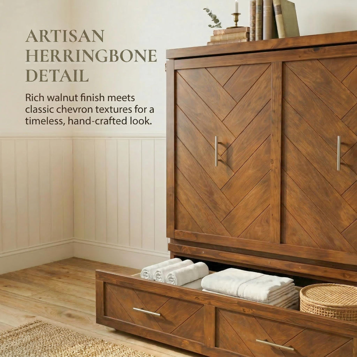 KEIKI Queen Murphy Bed Cabinet with Charging Station & Geometrical Panel, Pine Wood Hideaway Bed Frame with Large 3-Compartment Drawer, 2-in-1 Space-Saving Convertible for Guest Bedroom Studio Walnut