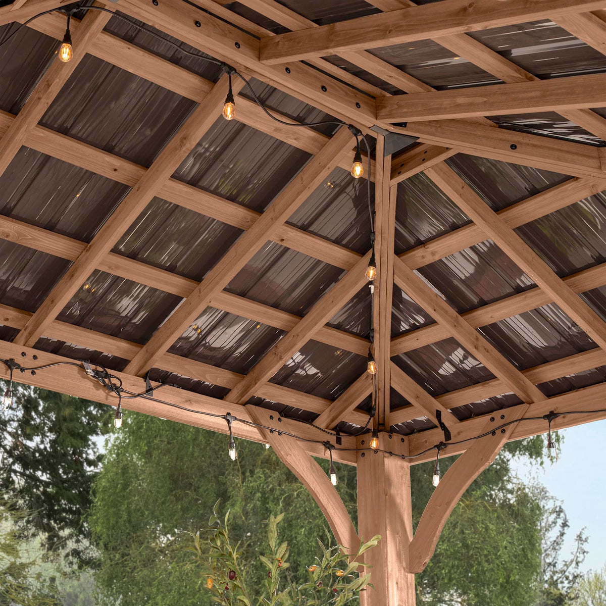 Backyard Discovery Barrington 16' x 12' Cedar Wood Outdoor Gazebo Pavilion with Hardtop Galvanized Steel Hip Roof, Snow Support, Wind Resistance, PowerPort, Shade for Garden, Patio, Deck, Entertaining
