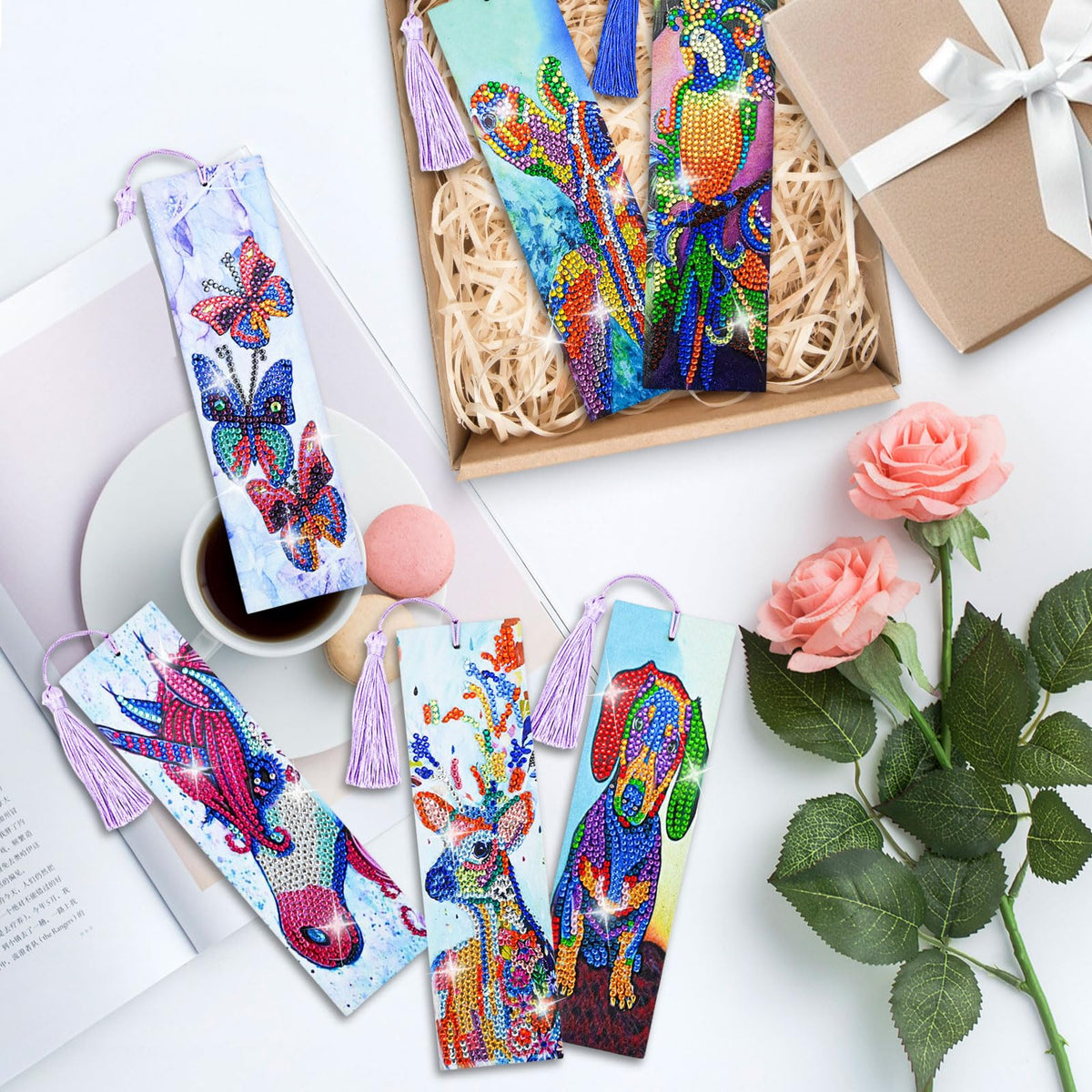 LINGFANG 6 Pcs Diamond Painting Bookmark, Animal DIY Book Makers for Adults Book Lovers, Diamond Art Beginners, Small Diamond Art Kits, Paint by Art Crafts Supplies Gift for Women Girls (Dog)