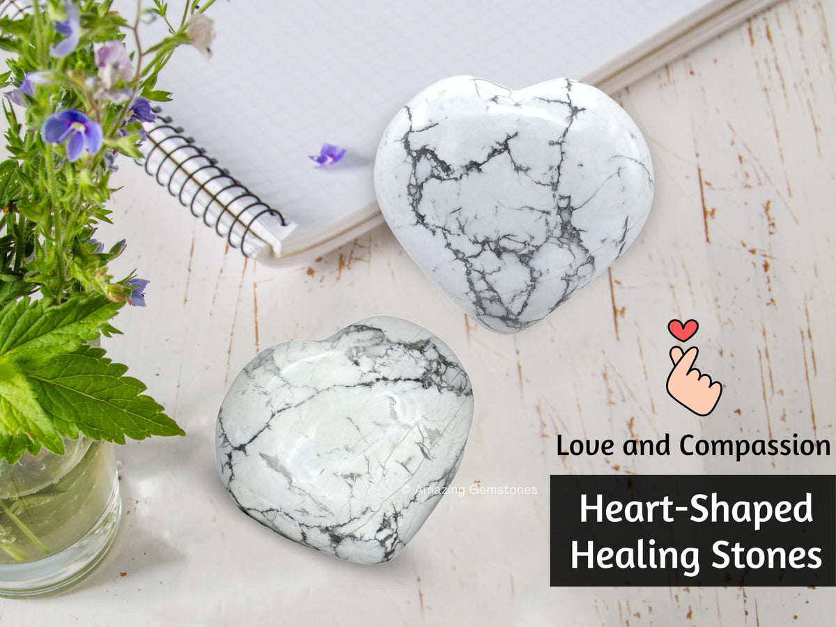 Howlite Crystal Heart Palm Stone - Pocket Massage Worry Stone for Natural Body Chakra Balancing, Reiki Healing and Crystal Grid