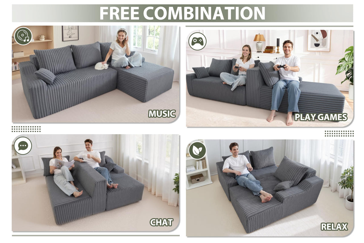 HABUTWAY 94'' Cloud Sectional Couch, Boneless Sofa with Deep Seat, Modular Comfy L-Shape Couch with Chaise for Living Room Bedroom, No Assembly Required(Grey,Right Facing Chaise)