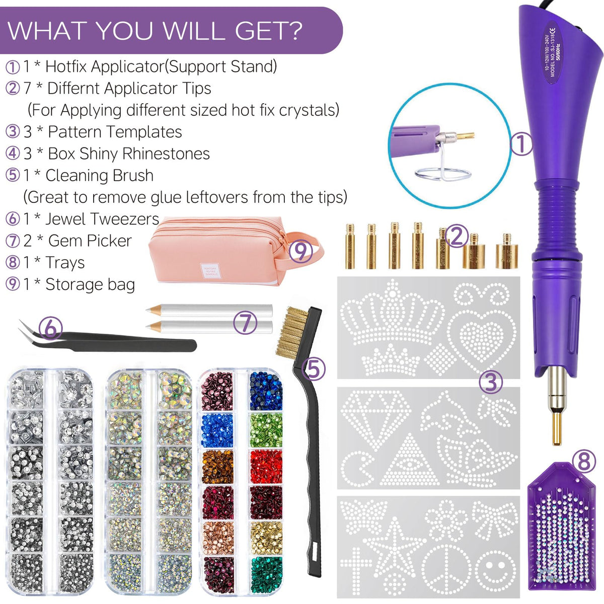 Hotfix Rhinestones Applicator Kit Set 4500 Pcs Crystals (White/AB/Multi-Color) - Bedazzler DIY Craft Includes 19 Pattern Templates, Tweezers, Brush, Storage Bag - for Clothes, Fabric, Jeans (Purple)