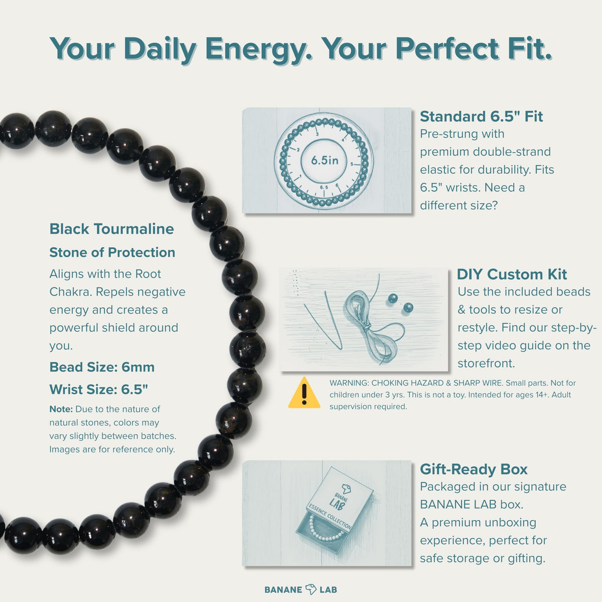 BANANE LAB Black Tourmaline Bracelet Men Women 6mm - Real Natural Protection Crystal Stretch Bracelets - 6.5" Wrist Fit with DIY Repair Kit (Elastic String & Extra Beads) - Grounding Healing Jewelry