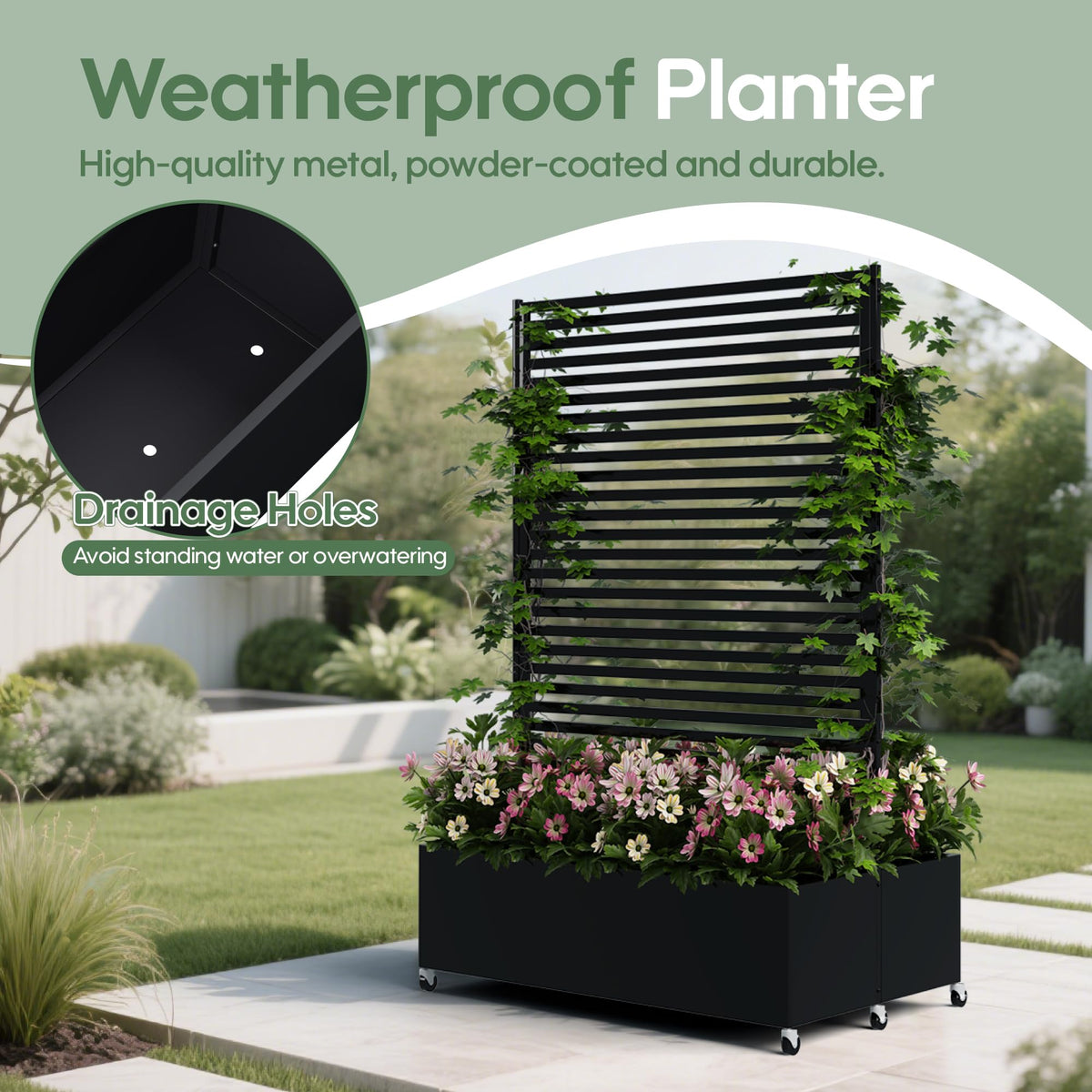 Sunnibety Double Metal Planter Box with Trellis Privacy Screen, Raised Garden Bed with Trellis & Wheels, Planter Box Outdoor with Drainage Holes for Climbing Plants, Vines,73"x 47"x 30", Black