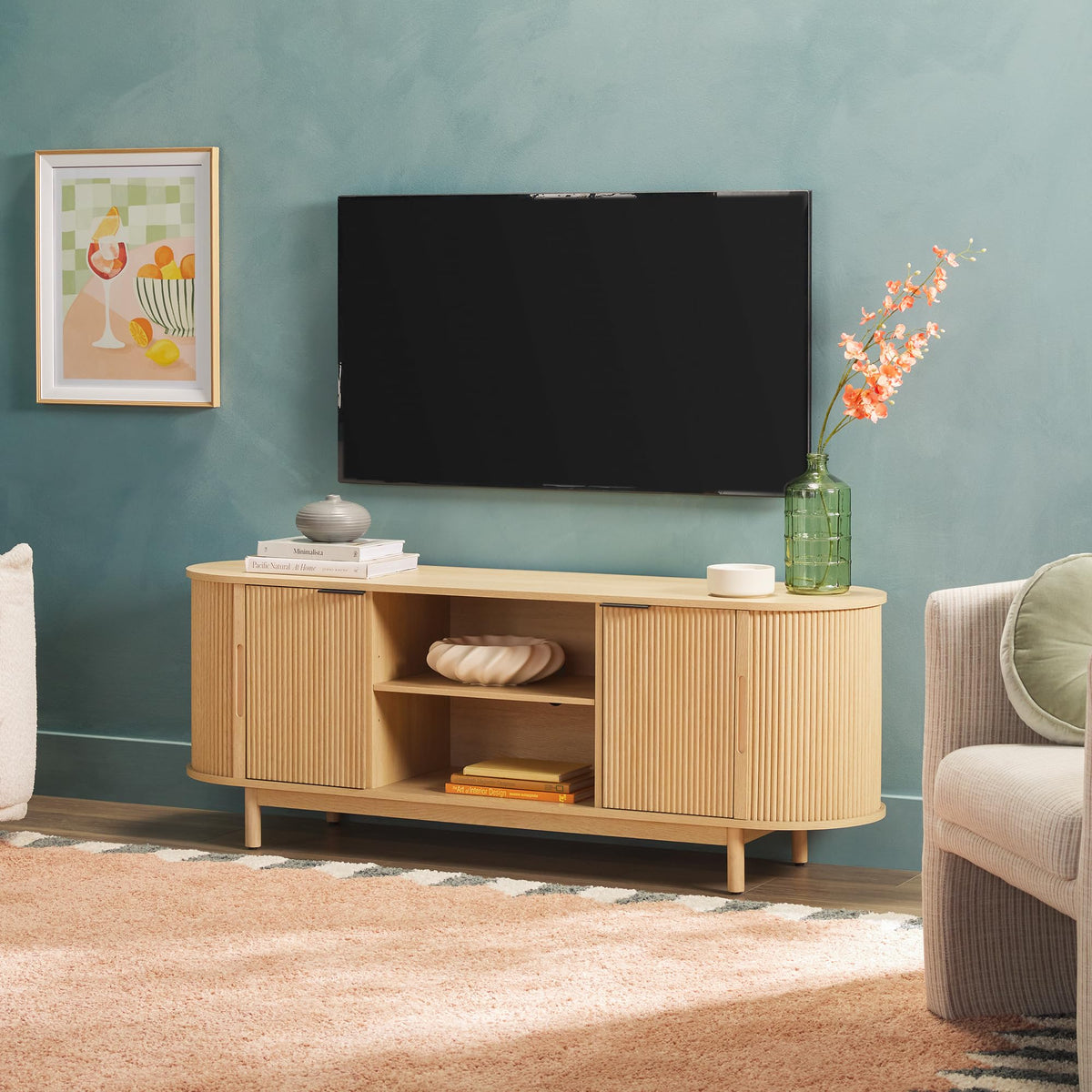 Walker Edison Modern Curved Reeded TV Stand for TVs up to 70 Inches, Credenza with Sliding Doors and Adjustable Shelves, TV Stand with Cord Management Cutout, 60 Inch, Coastal Oak