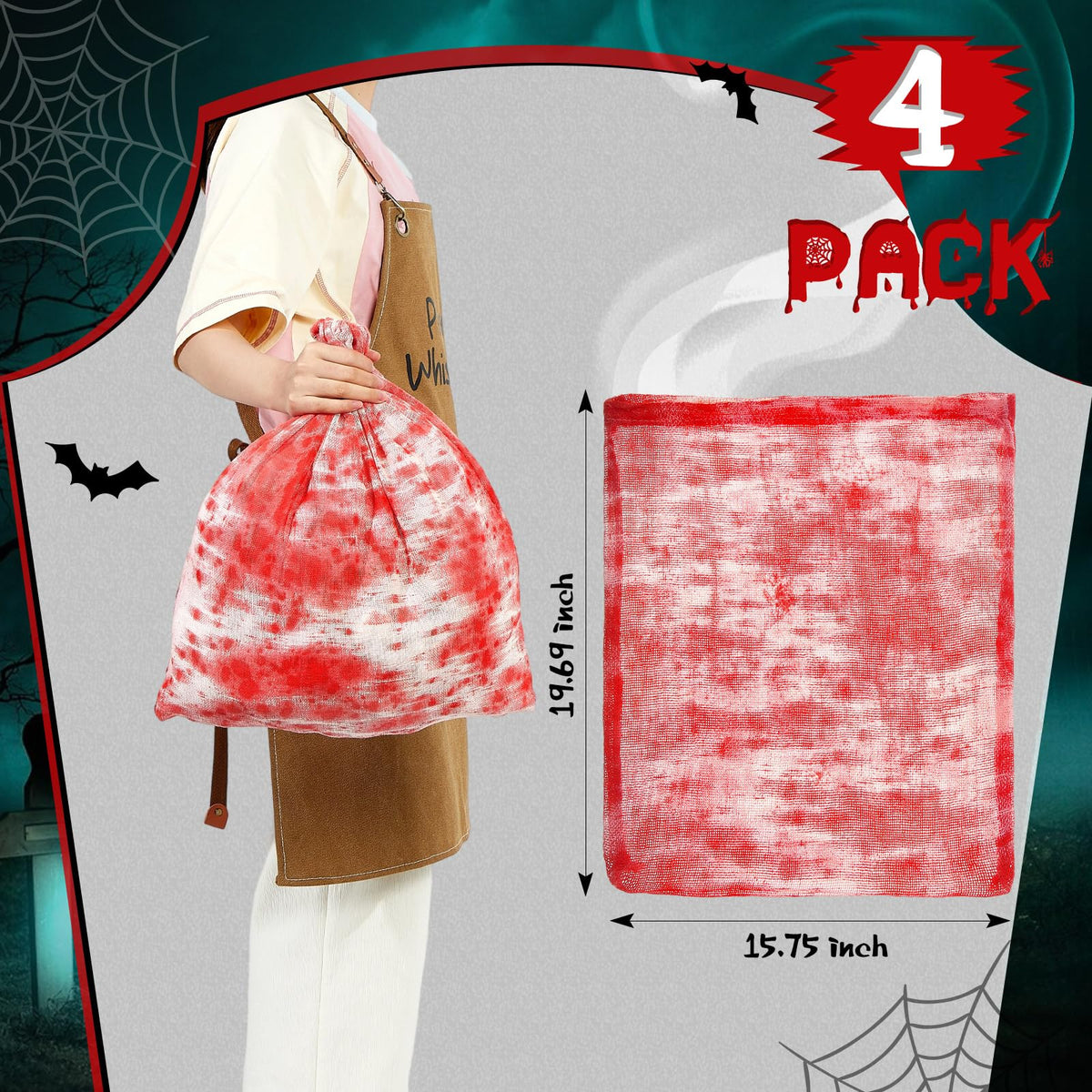 Arrowbash 4 Pcs Halloween Horror Treat Goodie Bags Bloodstain Spooky String Back Halloween Drawstring Bloody Body Bags for Candy Favors Supplies (20 x 16 in)