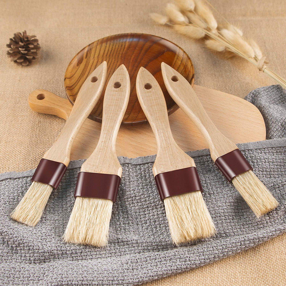 Pastry Brushes for Baking Basting Brush with Boar Bristles and Beech Hardwood Handles Culinary Oil Brush for Barbecue Butter Grill BBQ Sauce Baster Marinade Kitchen Food Cooking Brushes (1/1.5-4PCS)
