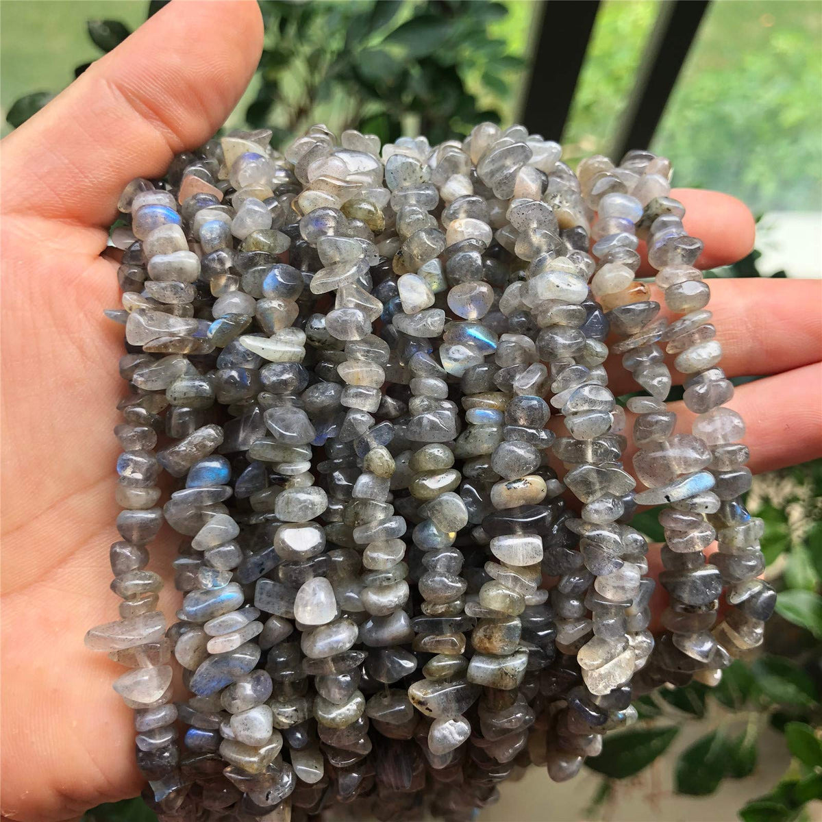 Fekuar 64" Irregular Tumbled Labradorite Chip Beads for Jewelry Making, Healing Crystal Drilled Loose Bead Strand DIY Craft Supplies, 5-8mm