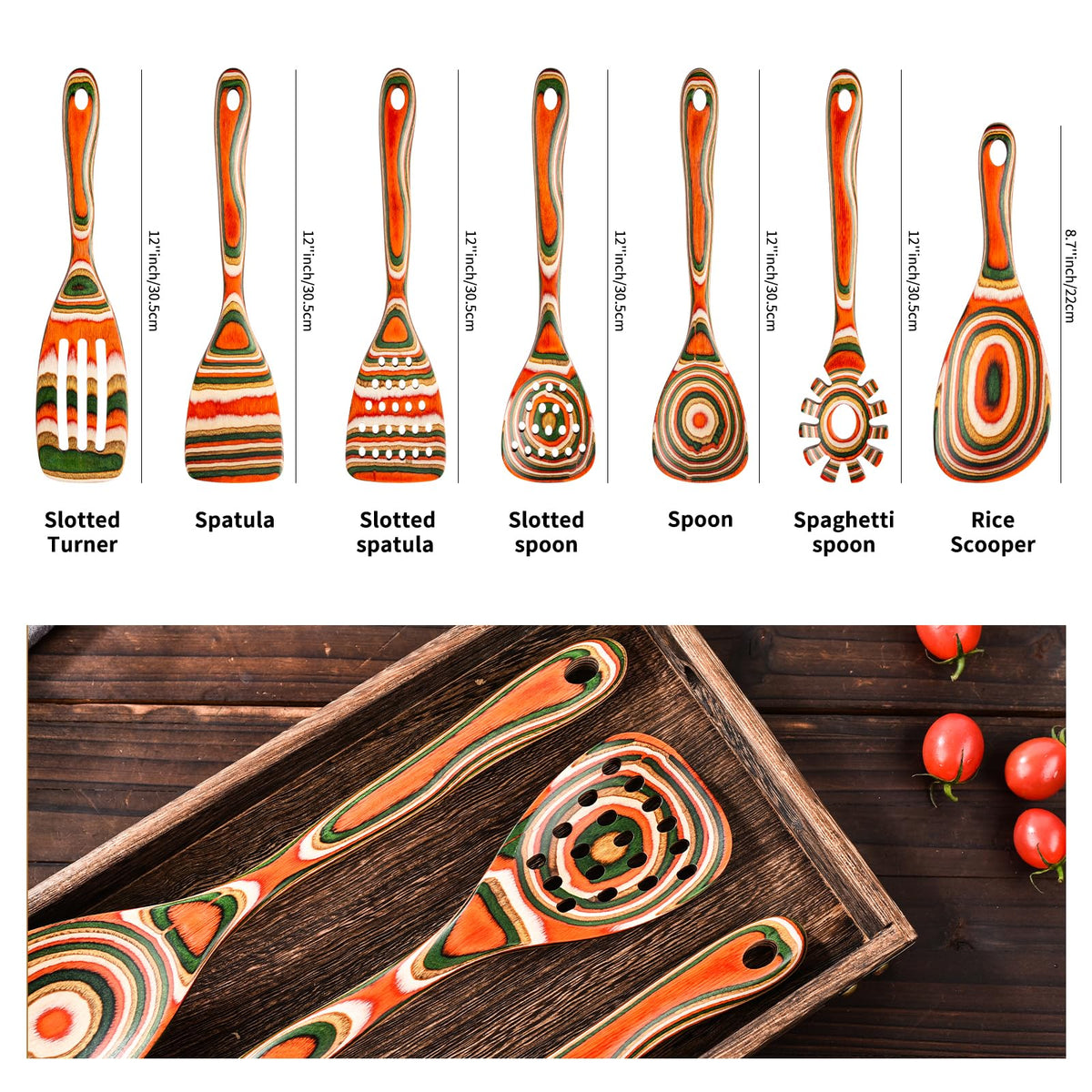 Gudamaye Pakkawood 7-Piece Red Wooden Cooking Utensils, Wooden Spoons for Cooking,Wooden Spoon Set, Wooden Kitchen Utensil set, Pakkawood kitchen Utensils for Serving, Bridal Shower Gifts