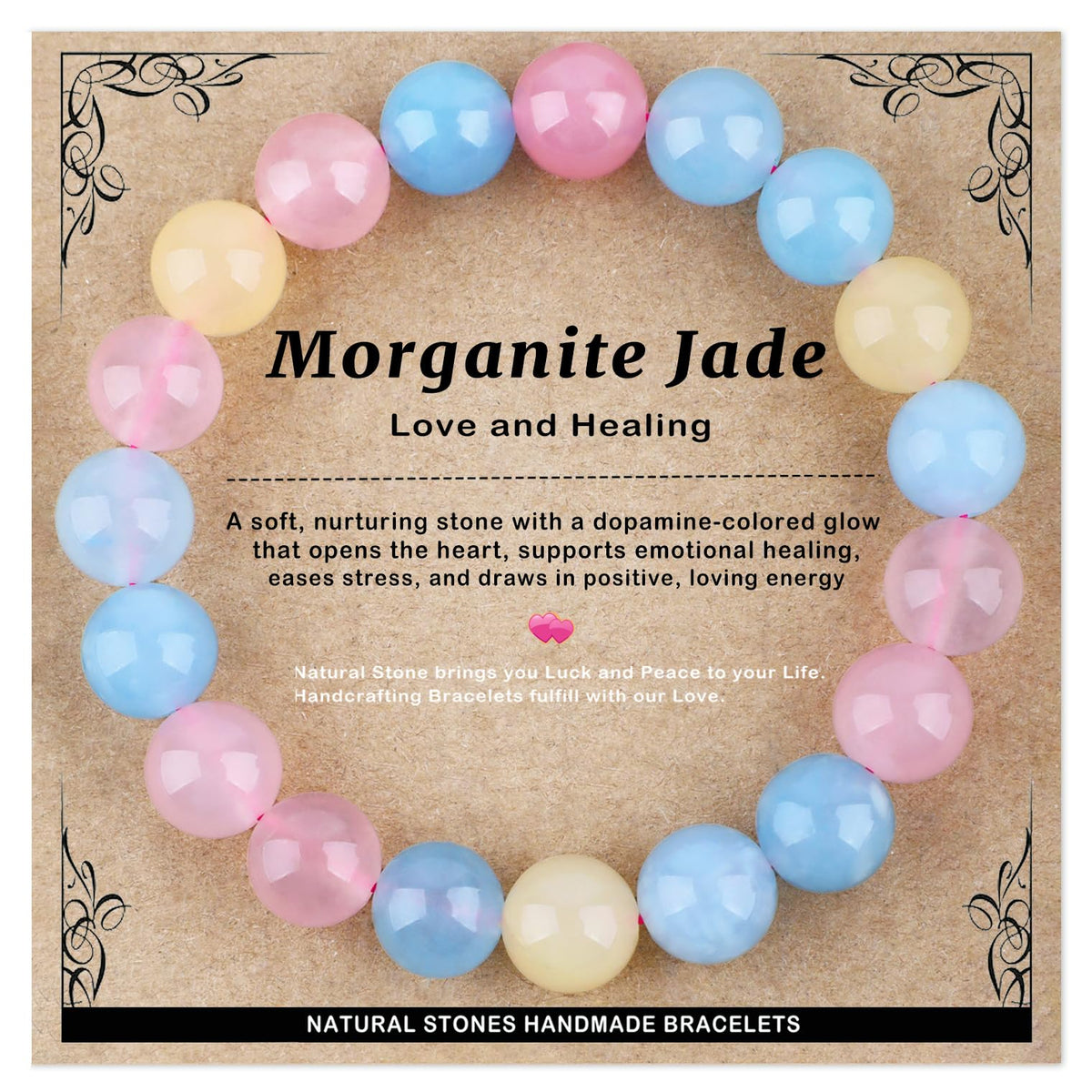 AD Beads 10mm Handmade Morganite Jade Elastic Bracelet – Natural Gemstone for Joy & Positivity – Meditation, Yoga, Healing and Energy Gift for Men Women