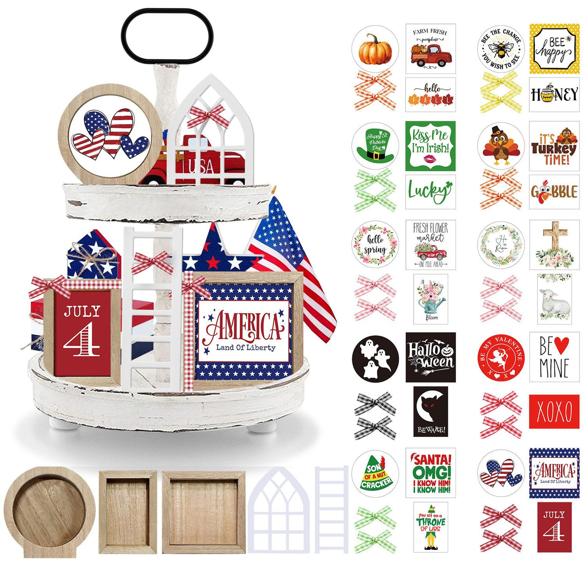 nuvagiki Interchangeable Seasonal Tiered Tray Decor Set, Farmhouse Holiday Wooden Sign Kit with Frames, Ladder & Arch, Year Round Home Decorations for Bee Spring Summer Patriotic (Tray Not Included)