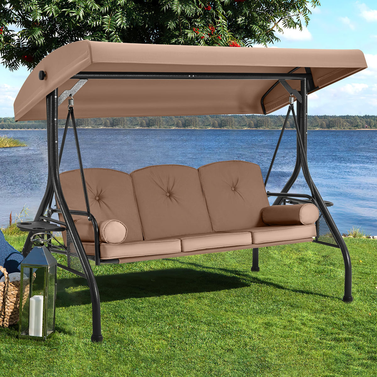 HOMREST 3 Seat Outdoor Porch Swing with Adjustable Canopy, Convertible Patio Swing Bed with Stand, Patio Glider Swing with Upgraded Cup Holder, Thicken Cushions ＆ Pillow for Backyard(Brown)