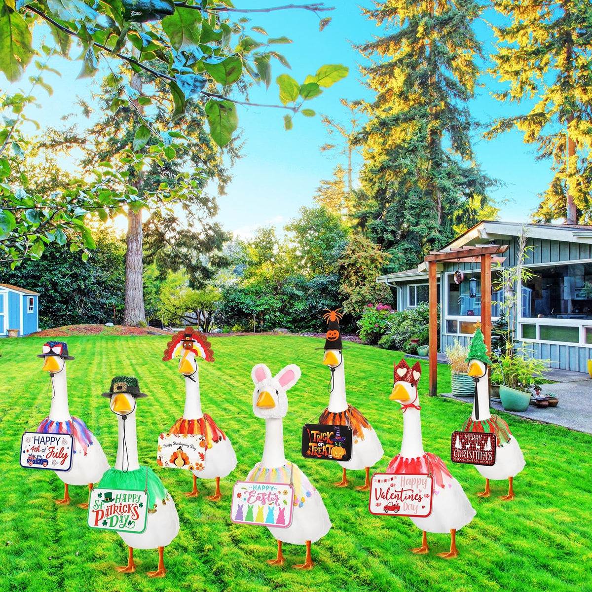Silicherry 7 Set Holiday Porch Goose Outfits with Festival Wooden Sign 4th of July Halloween Christmas 23" Lawn Goose Clothing Hat and Tutu Collar for Lawn Patio Yard Decor