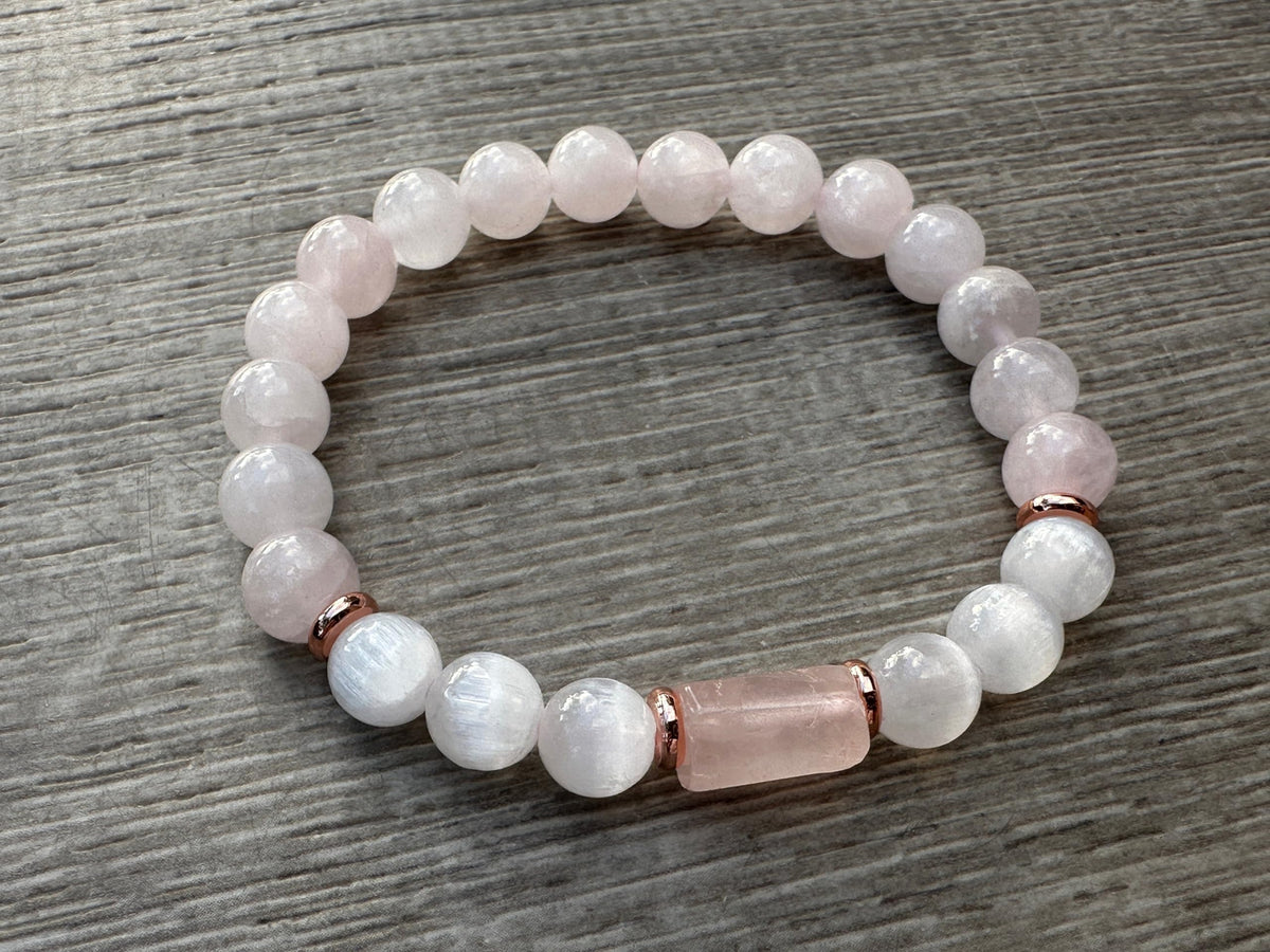 GAF TREASURES Rose Quartz and Selenite Crystal Bead Bracelet 8mm, Genuine Rose Quartz Cylinder with Copper Discs Stretch Gemstone Bracelet, Healing Crystal Bracelet, Gift for Men & Women (1)
