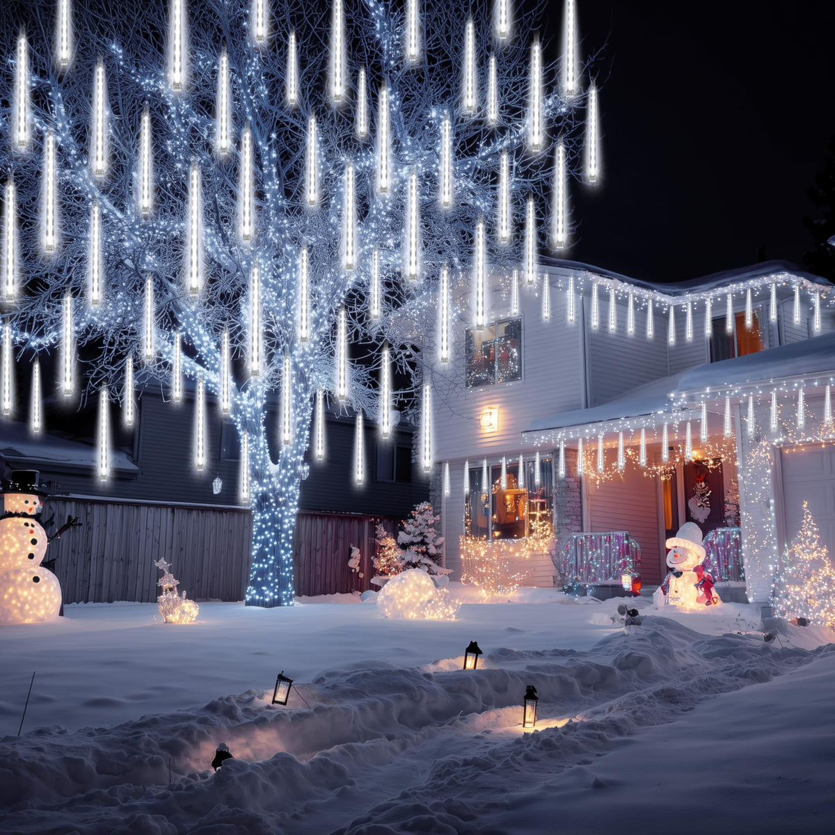 JOYIN Christmas Lights Outdoor,8 Tubes Meteor Shower Lights White,192 LEDs, Snowfall Icicle Cascading Rain Light for Christmas Tree Decorations, Wedding Party Holiday Decor