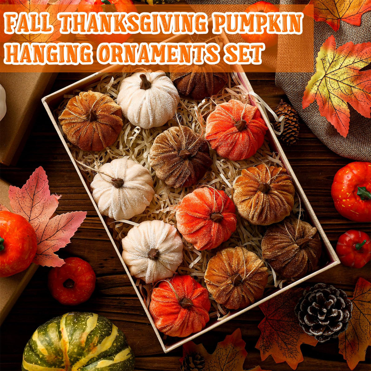 Vercraft 12 Pcs Thanksgiving Pumpkin Hanging Ornament 2 Inches Velvet Thanksgiving Fall Tree Decorations Fabric Small Tree Decorations for Farmhouse Harvest Autumn Home Party Decor(Neutral)