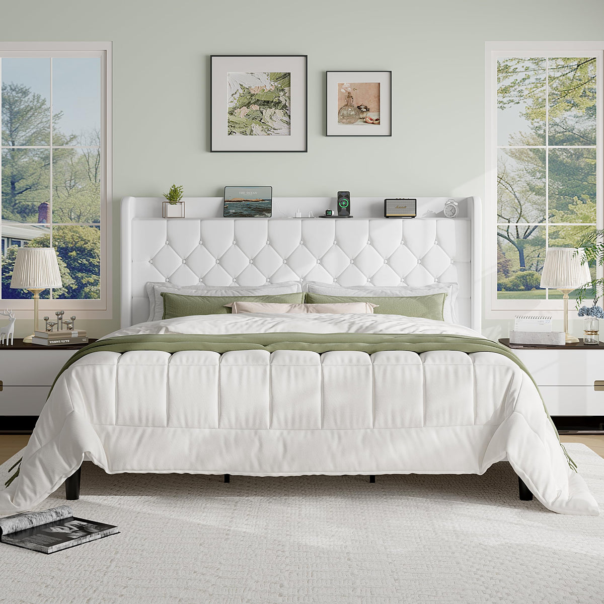 SHA CERLIN King Size Platform Bed Frame with Charging Station, Velvet Wingback Headboard with Storage Shelf, Wooden Slats Support, Ample Under-Bed Space, No Box Spring Needed, Easy Assembly, White