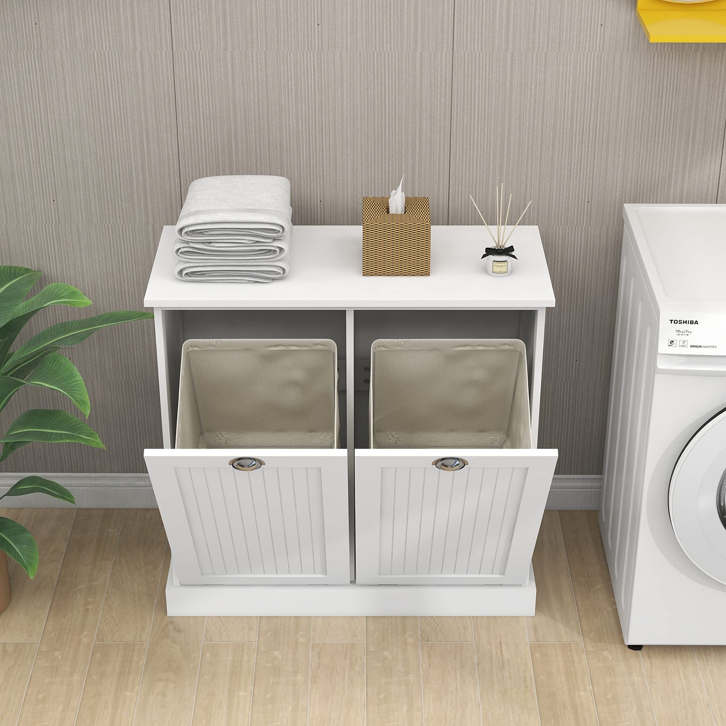 Two Compartment Tilt Out Laundry Sorter Cabinet White