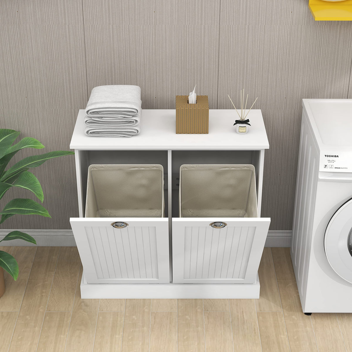 Gecheer Two-Compartment Tilt-Out Laundry Sorter Cabinet - Organized and Easy to Clean Modern Bathroom Storage Cabinet, Bathroom Shelf, Freestanding Cupboard for Living Room LYKW112049950