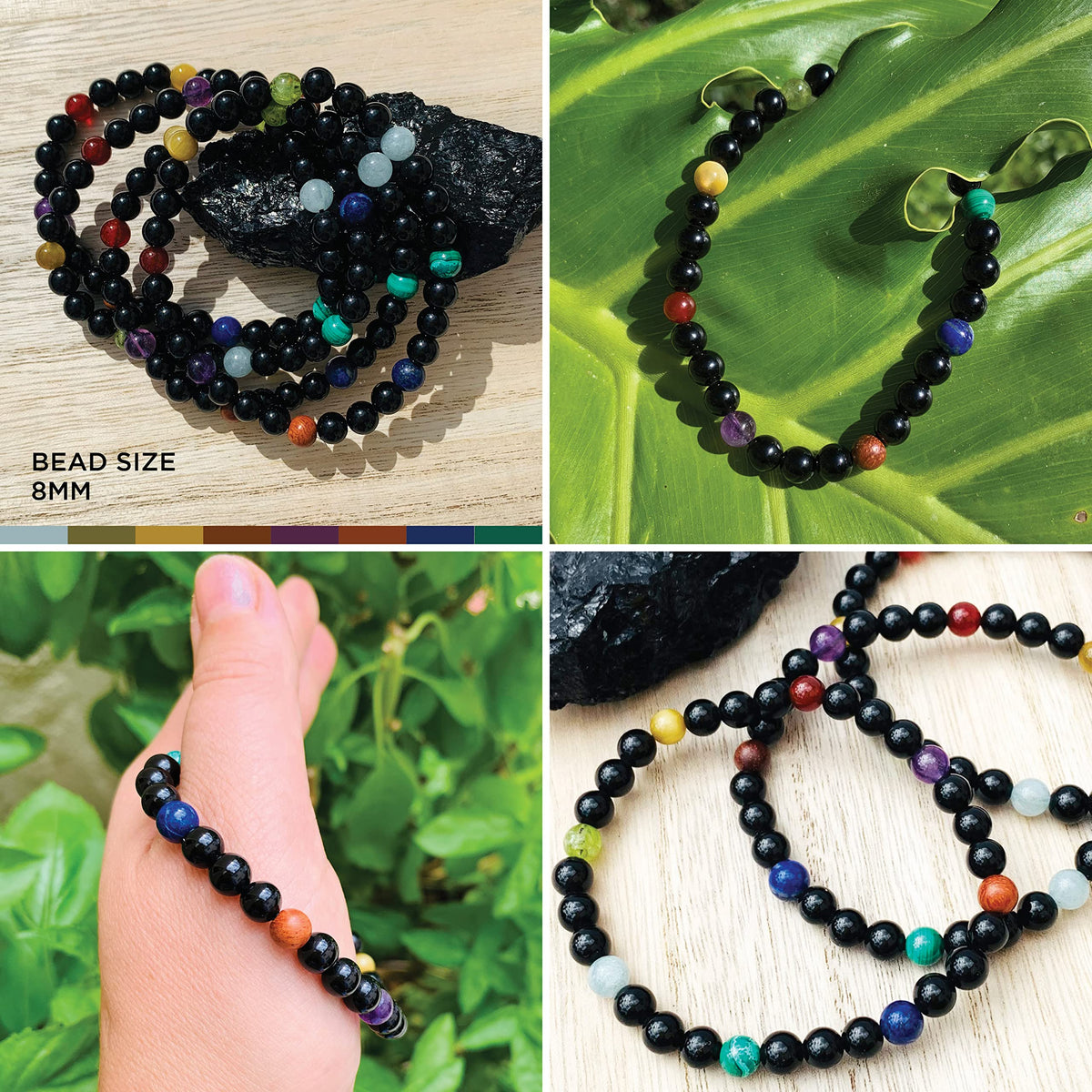 Joyfulmuze Black Obsidian Stretch Bracelet for Men, Multiple Natural Gemstones Yellow Tiger Eye, Green Peridot, Amethyst, Wood, Carnelian, Malachite, Aquamarine, Handmade Gift Chakra Jewelry, 6mm