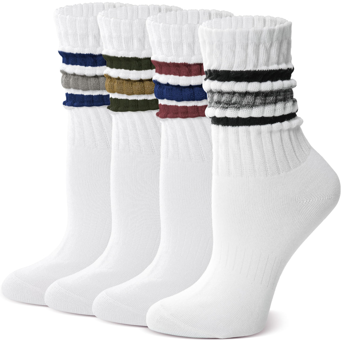 MOSEY KOSY Slouch Cotton Socks, Scrunch Fashion Colorful Soft Breathable Crew Calf for Women and Men, 4 Pairs(Black Striped,M)