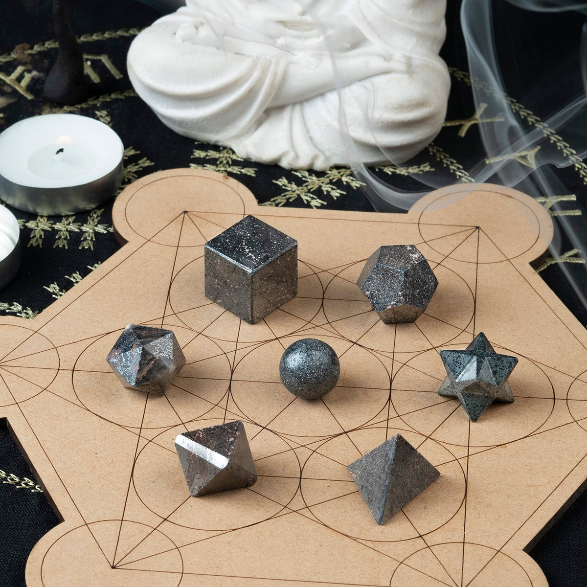 Crocon Hematite 7 Pcs Platonic Solid Sacred Stones Geometry Set for Reiki Healing Chakra Stone Balancing Crystal Cleansing Spiritual Money Good Luck Decor Size: 15-20 mm