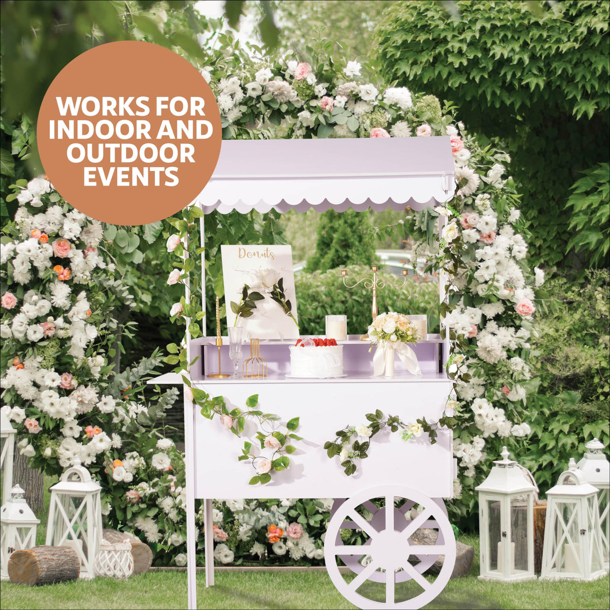 6 FT Tall Candy Cart with Shelf and Wheels for Candy and Dessert Display - Decoration for Parties, Weddings, Bar/Bat Mitzvah - Bar Cart - 24” x 46” x 72” in Carrito De Dulces para Fiestas