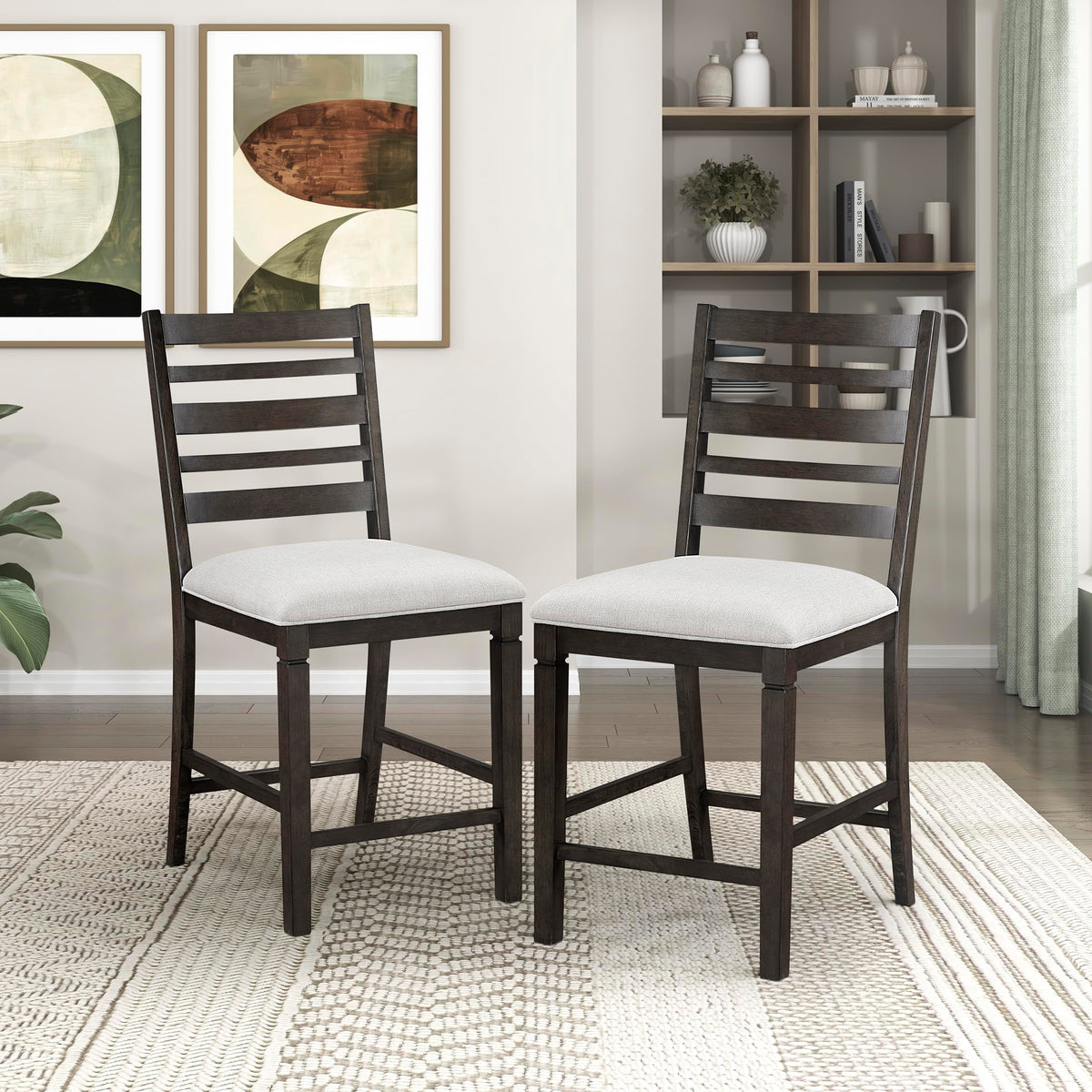 Lexicon Counter Height Chairs, Set of 2, Wood Frame, Ladder Back, Beige Textured Fabric Upholstered Dining Chairs with 25.5 Inches Seat Height, Bar Stools for Kitchen/Dining Room, Dark Espresso
