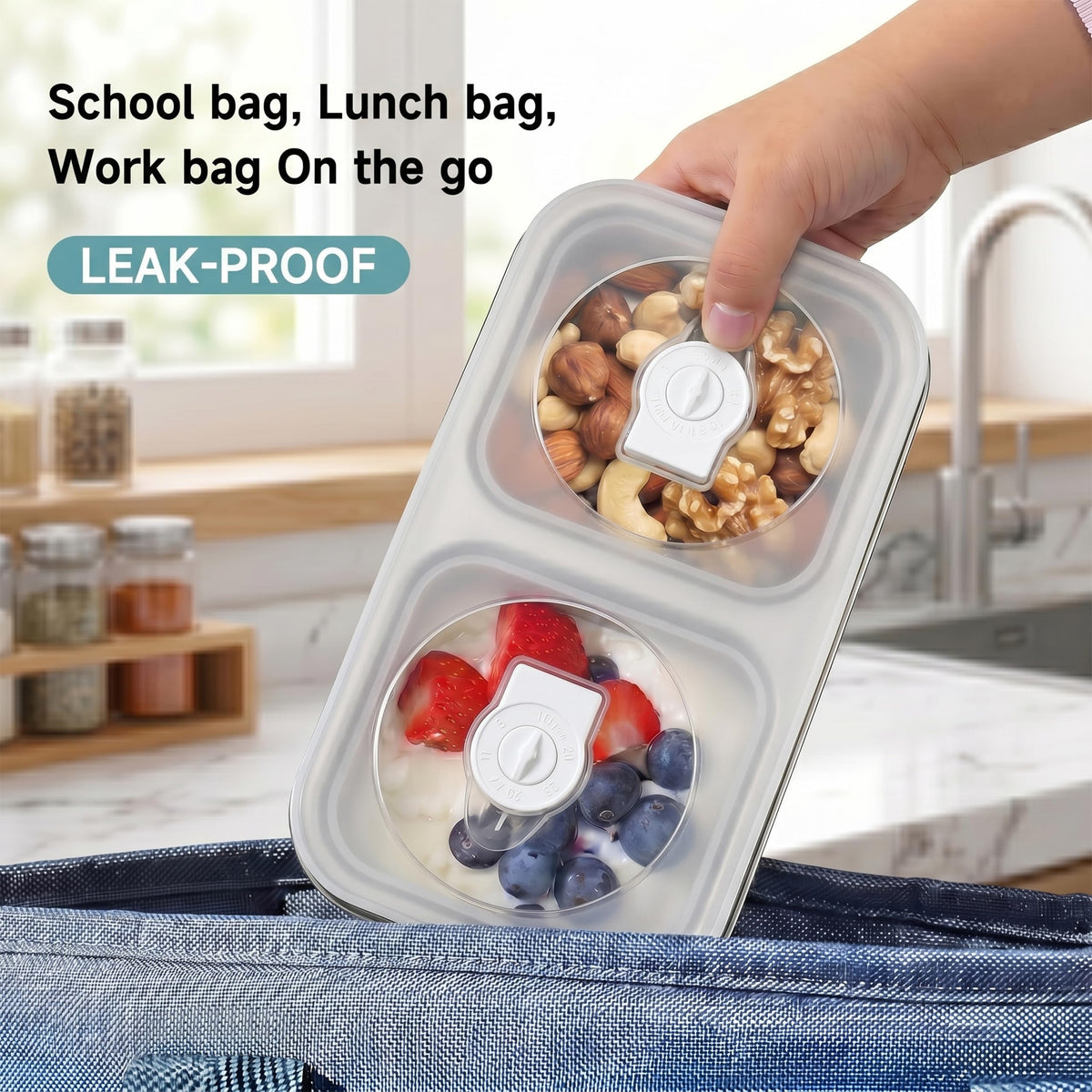 BSTUR 6 Pack Stainless Steel Snack Containers, 2 Compartment Reusable Metal Snack Boxes Containers with Leak-Proof Lids, Compact Lunch Box Food Storage Container