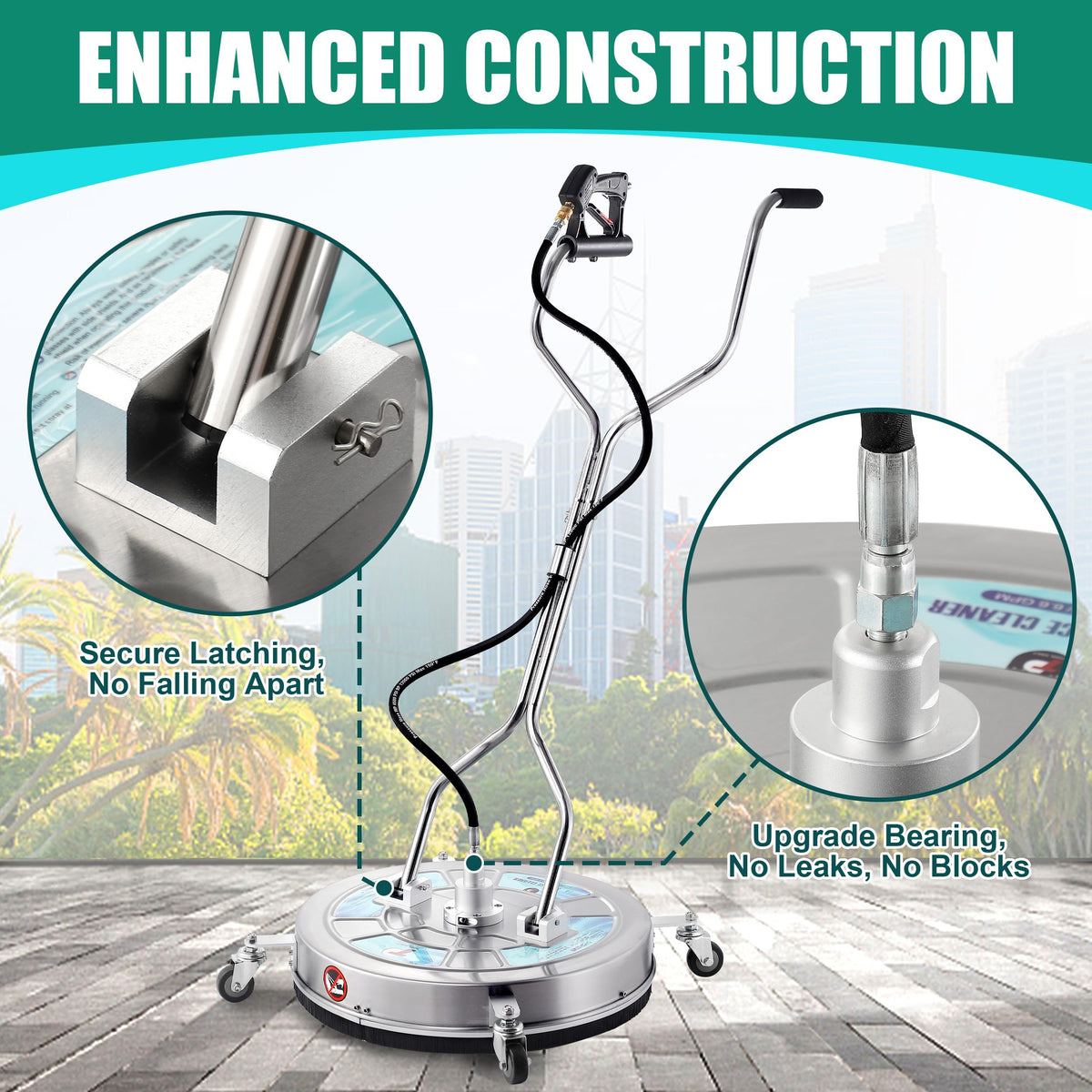 Tool Daily 24" Pressure Washer Surface Cleaner Attachment with Dual Handles, Stainless Steel Driveway Cleaner for Power Washer with Wheels, Pressure Wash Concrete, 4500 PSI