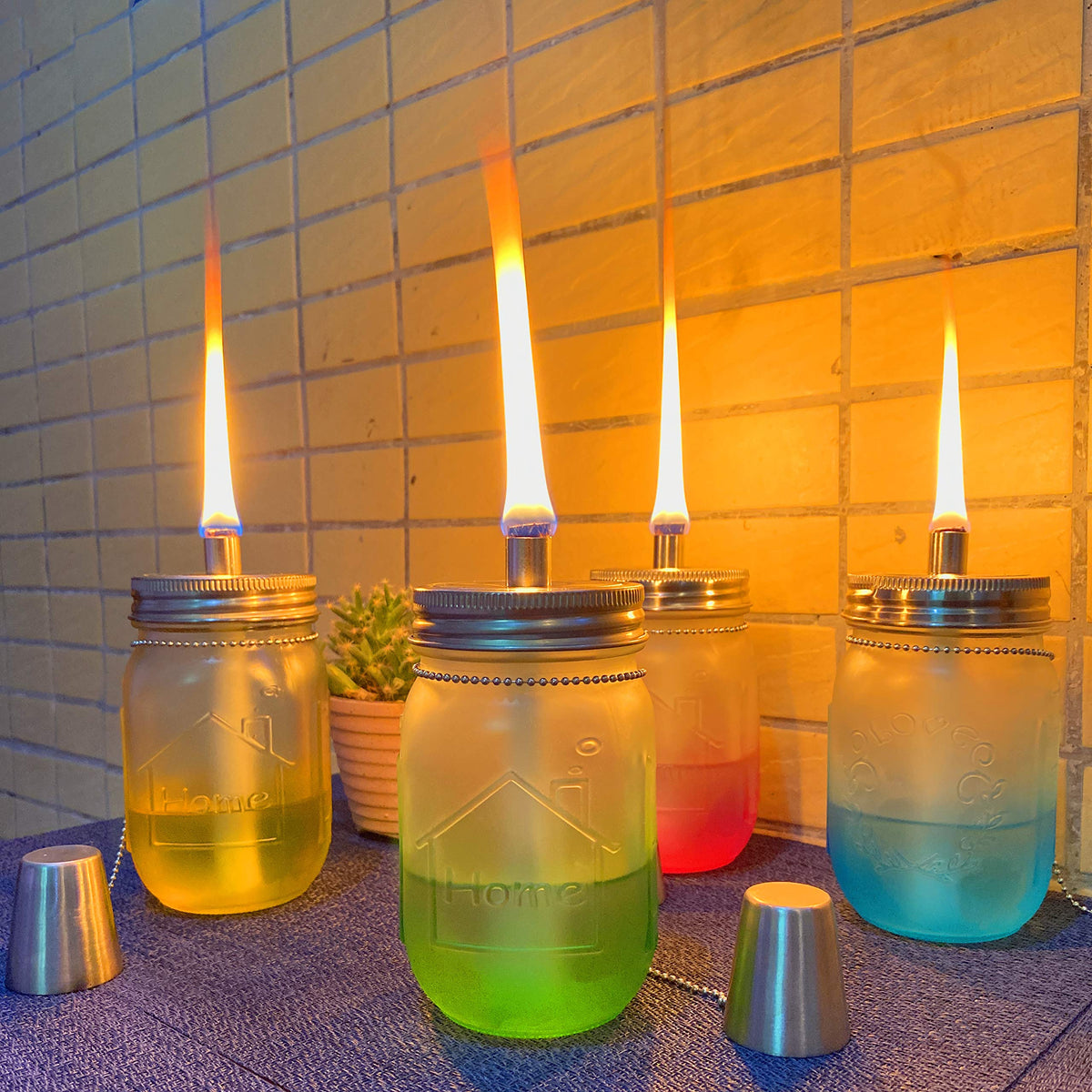Yitee Mason Jar Tabletop Torch Kits,4 Pack Longlife Fiberglass Wicks,Stainless Steel Mason Jar Lids Caps Included,Outdoor Deck Oil Lamp Torch,Patio Xmas Decor