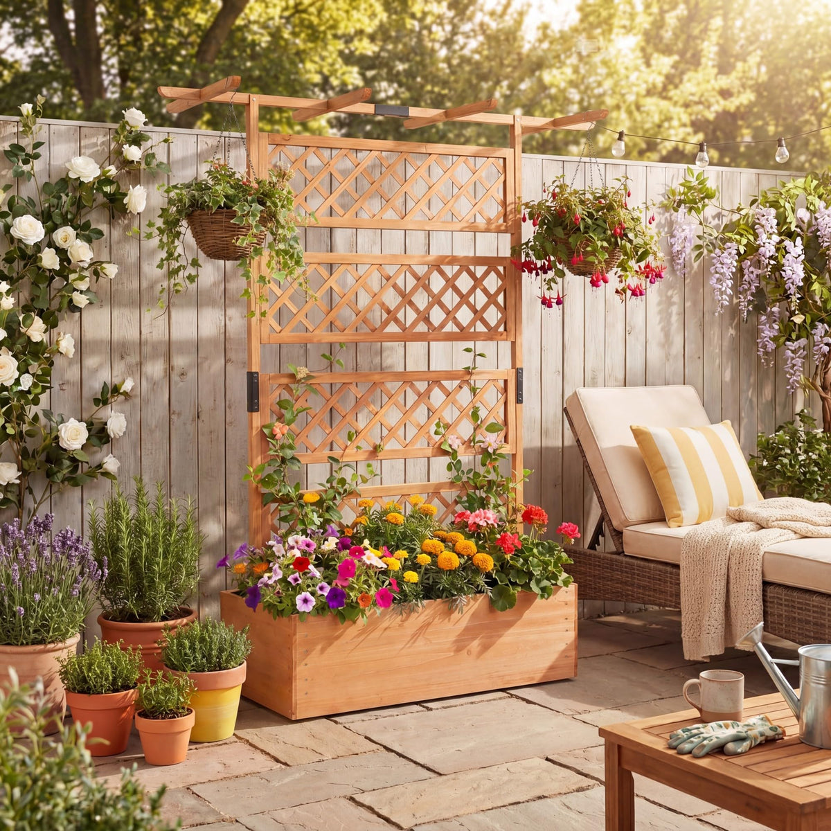 COSTWAY Wooden Raised Garden Planter with Trellis and Roof, 72" Freestanding Privacy Screen & Climbing Plant Support for Outdoor Patio, Balcony, Vegetable, Herb, and Flower Gardening (Brown,2)