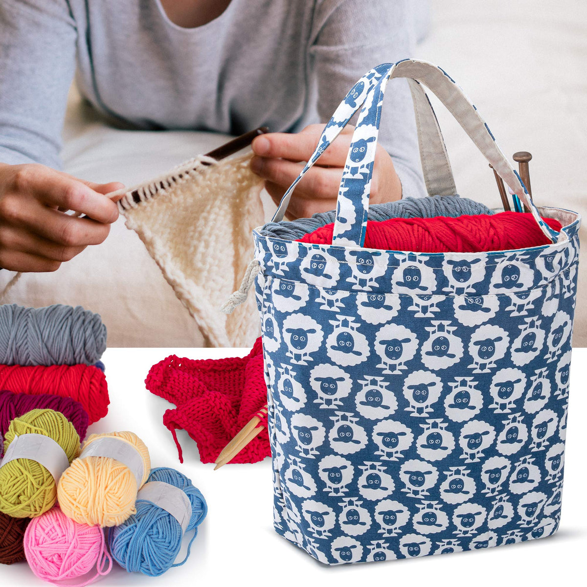 Teamoy Knitting Tote Bag with Drawstring Closure, Portable Yarn Storage Bag for Knitting Needles, Yarn Skein and Crochet Supplies, Sheep (Bag Only)