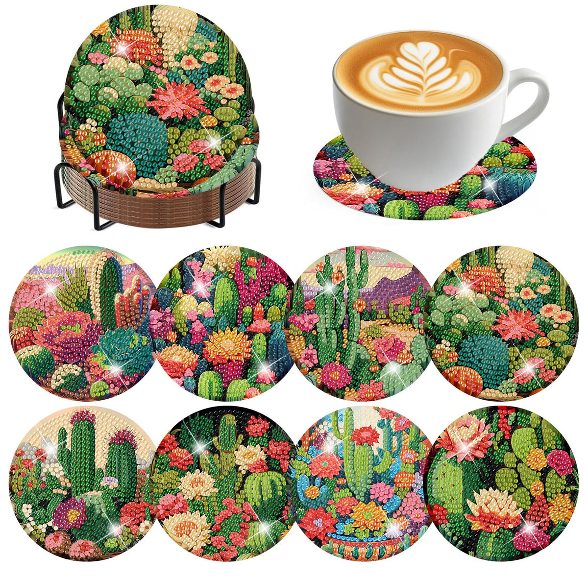 ijbnhd 8 Pcs Cactus Diamond Art Coasters Kit, Cactus Diamond Painting Coasters with Holder, Arts and Crafts Supplies Astral 4X4inch (Cork Wooden Pad)