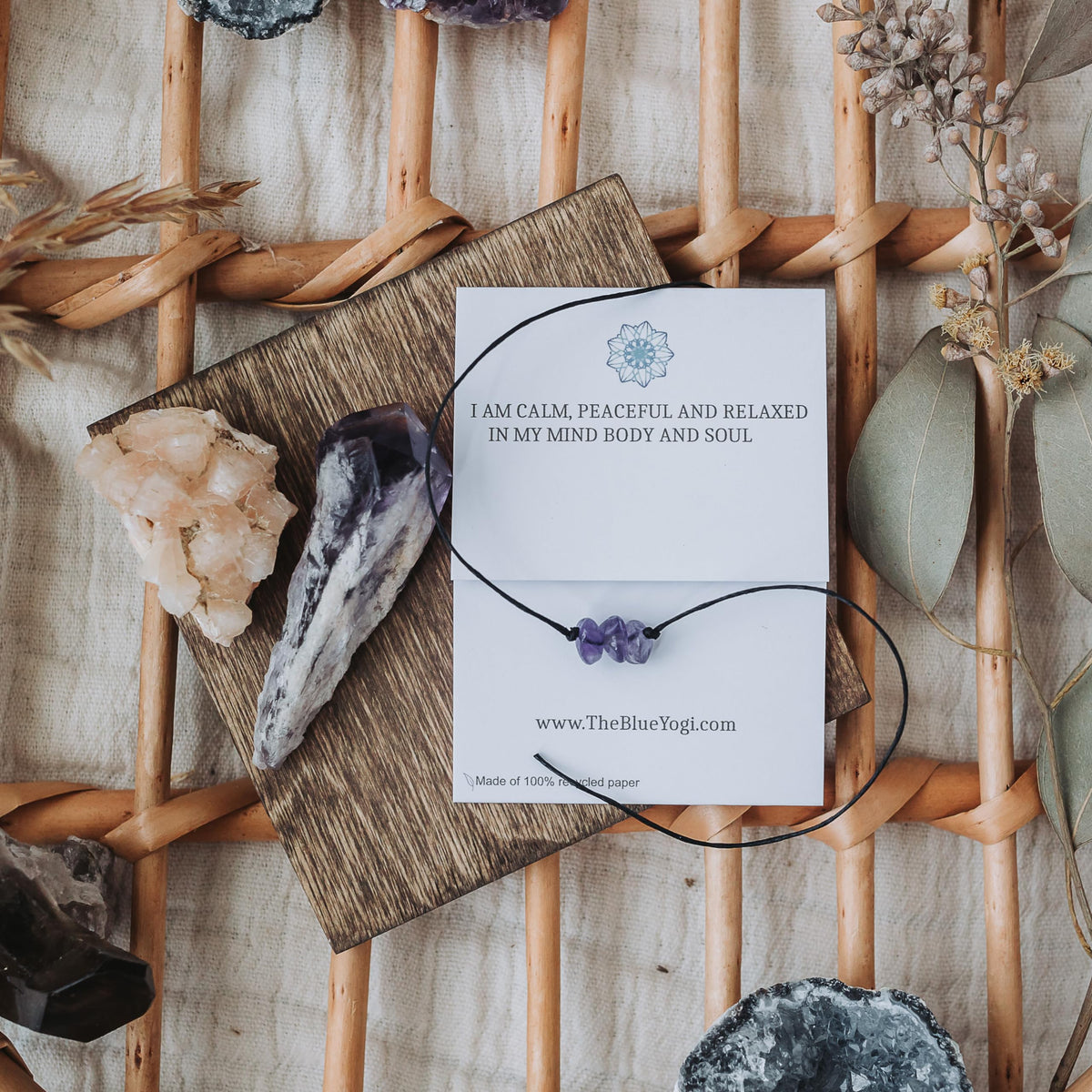 The Blue Yogi Healing band -2 in 1 protection Bracelet/Anklet with an affirmation- Tie Closure (Amethyst)