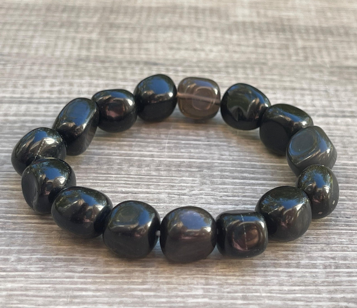 GAF TREASURES Black Obsidian Crystal Nugget Bracelet, Genuine Black Obsidian Tumbled Gemstone Bracelet, Healing Crystal Bracelet, Gift for Men & Women (1)