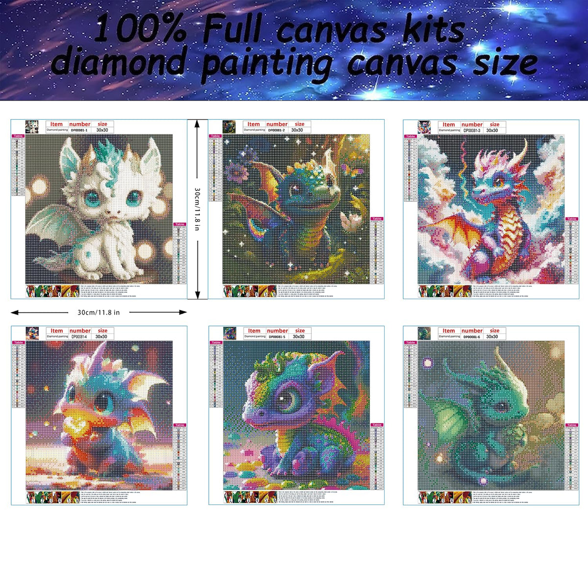 VeGuude RYMILIE Diamond Painting Kits for Adults - 6 Pack Little Dragon DIY 5D Diamond Art Kits Full Drill Diamond Dots Paintings with Diamonds Gem Art and Crafts Home Decor 12x12inch